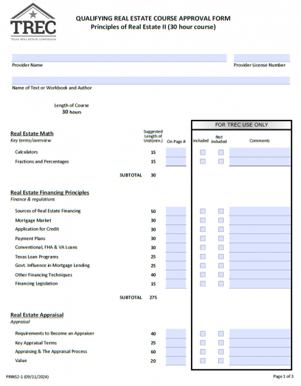 Qualifying Real Estate Course Approval Form (Principles of Real Estate II - 30 hour course)